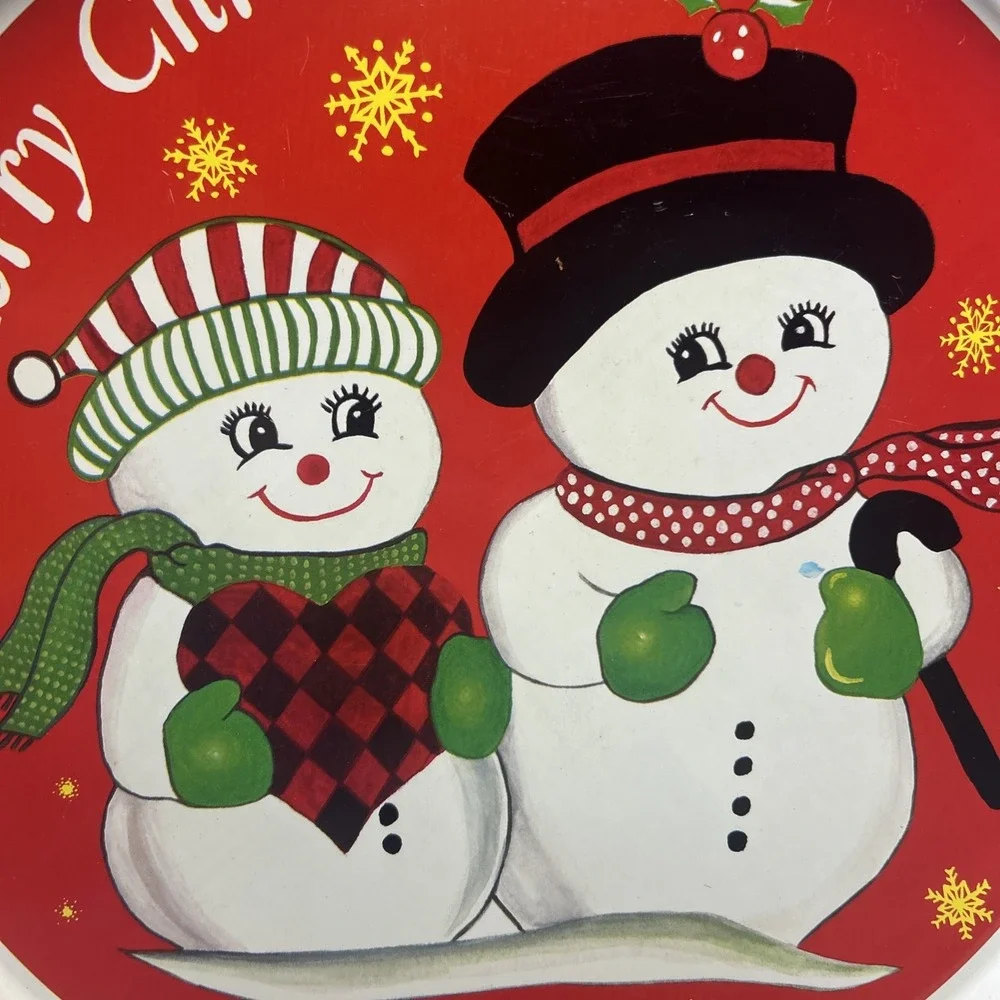 Christmas Tin Cookie Tray Vintage 90s 13in Round Tray Snowman Holly Mittens - Picture 3 of 5